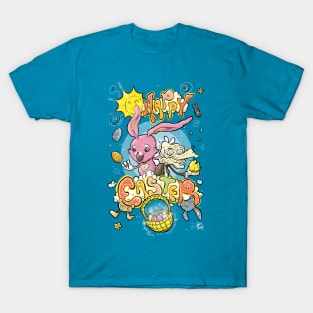 HAPPY EASTER with Cartoony Old Man Joe & the CUTEST Easter Bunny EVER Hand Drawn One of a Kind Art Clothing T-Shirt